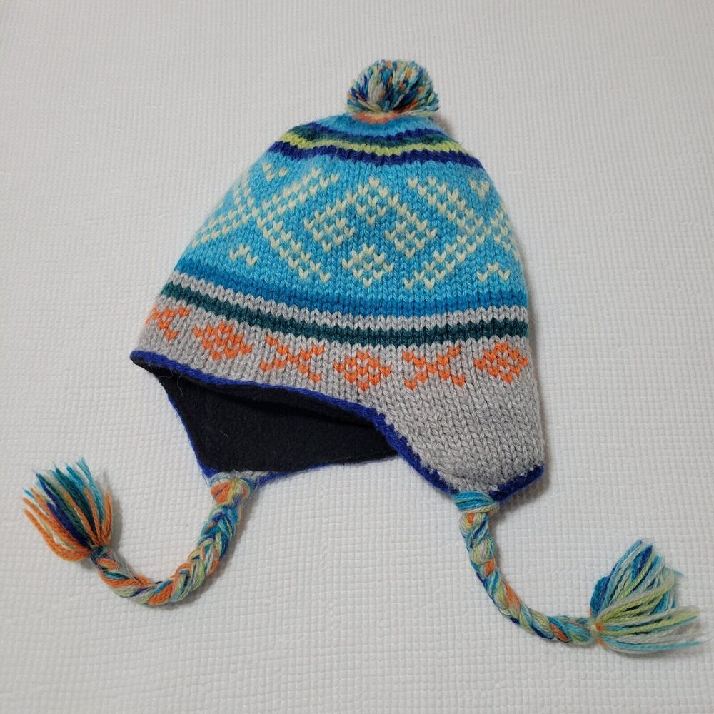 ANDES GIFTS Fleece Lined Alpaca Blend Ear Flap Beanie Chullo Hat Pom Blue